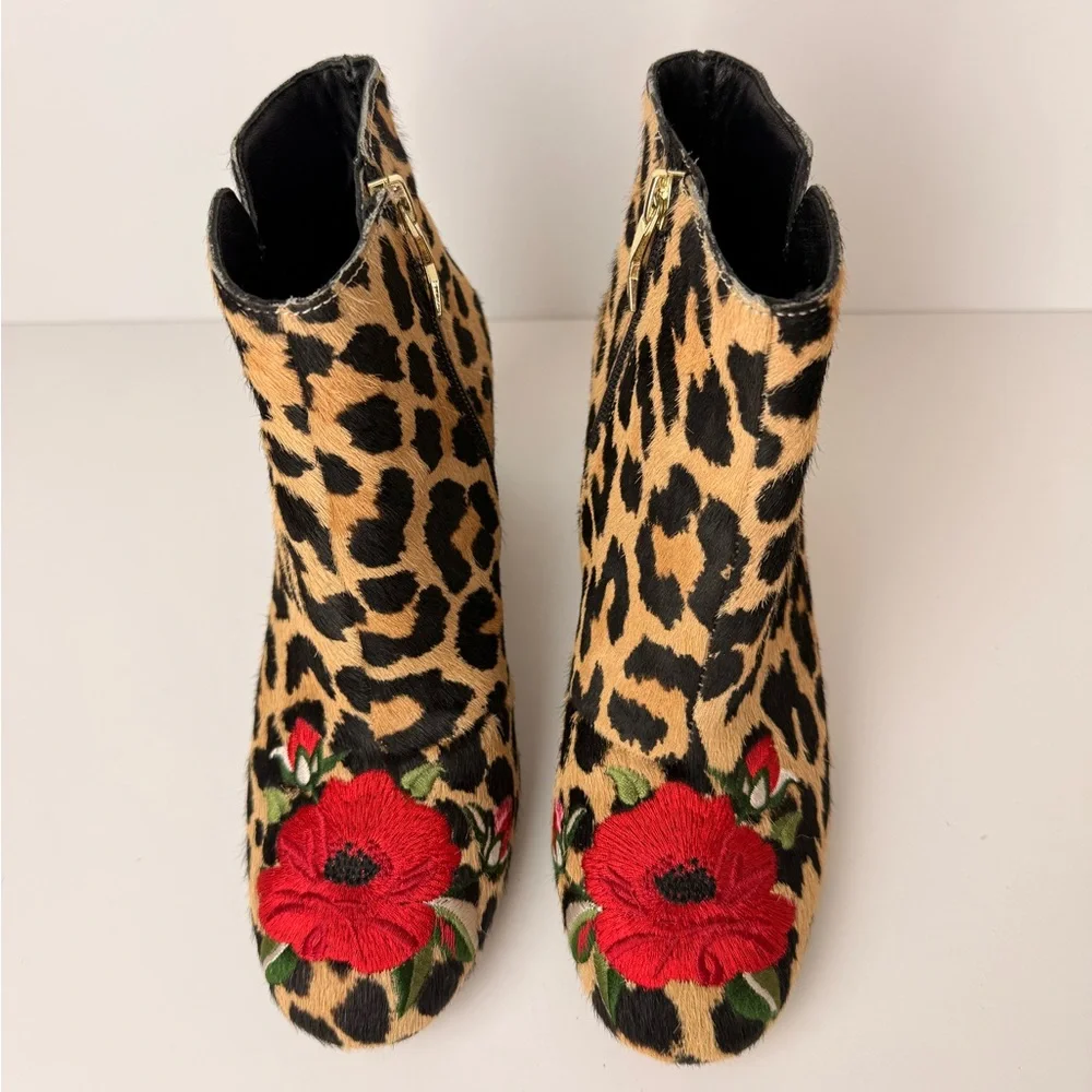 Kate Spade Langton Leopard Real Fur Calf Hair‎ Floral Embroidered Ankle Boots 6
